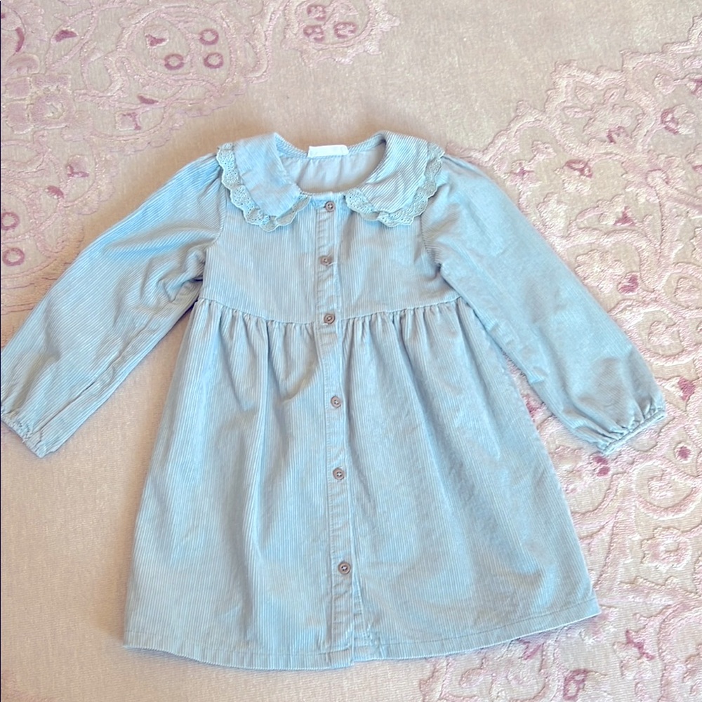 Mint Green Long-Sleeve Corduroy Kids  Dress